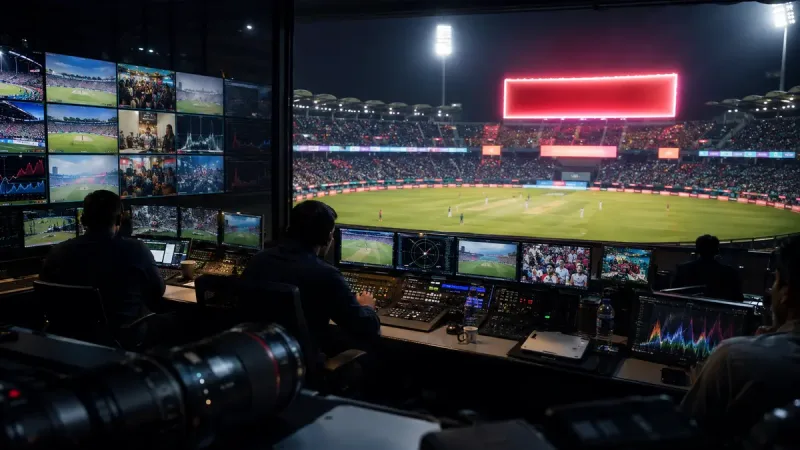 Ruang kontrol siaran menghadap stadion kriket yang disinari lampu sorot saat pertandingan berlangsung