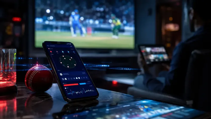 Ponsel pintar menampilkan antarmuka aplikasi taruhan langsung di meja dengan bola kriket, siaran TV di latar belakang