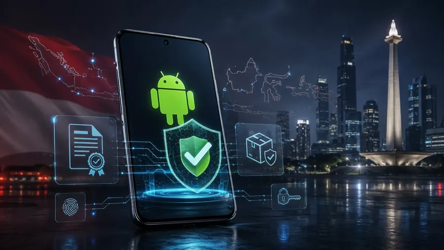 Tanda centang terverifikasi pada ponsel Android dengan Monumen Nasional Jakarta dan bendera Indonesia di latar belakang