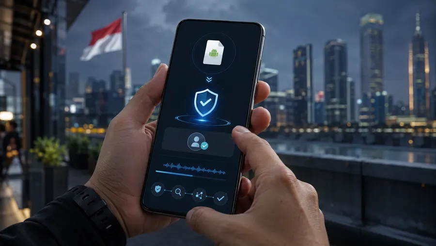 Tangan memegang ponsel saat instalasi berlangsung, menunjukkan APK yang lolos pemeriksaan developer terverifikasi