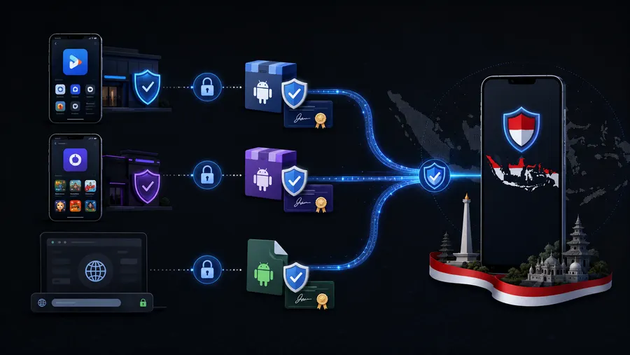 Diagram menunjukkan tiga toko aplikasi berbeda masing-masing memverifikasi developer sebelum aplikasi sampai ke perangkat di Indonesia
