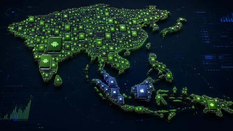 Peta Asia yang dibentuk dari ikon ponsel, sebagian besar hijau Android dengan kumpulan logo Apple di area Malaysia