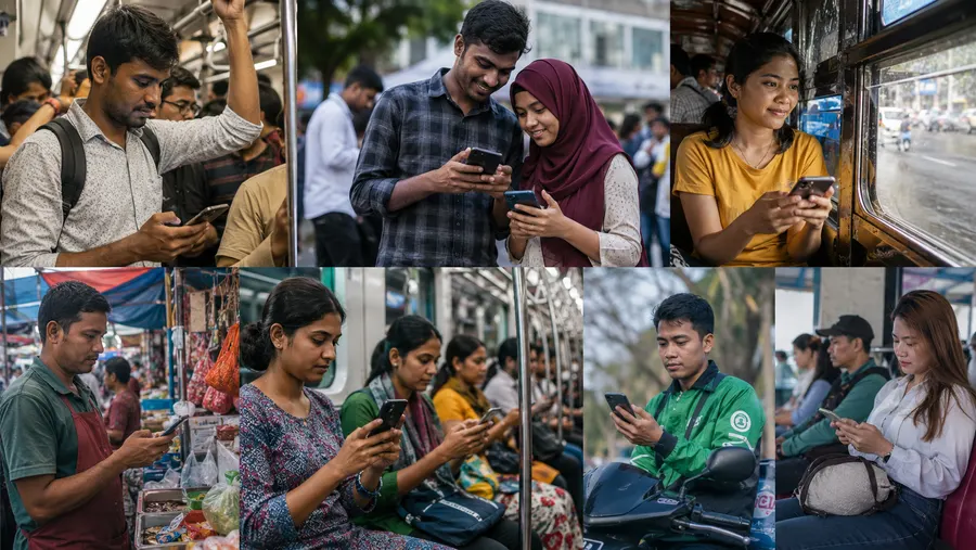 Orang-orang di Asia Selatan dan Tenggara memakai smartphone di transportasi umum dan di pasar