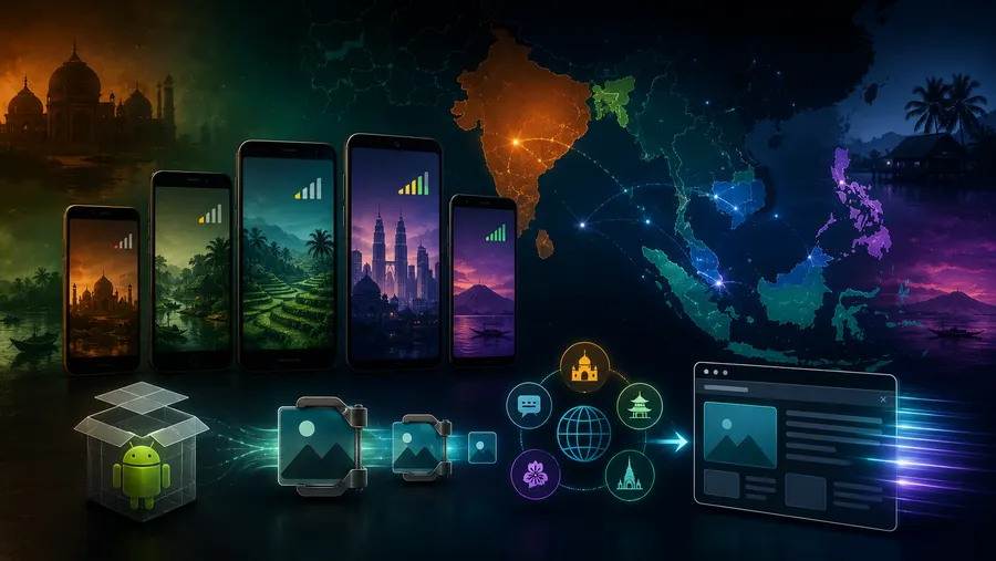 Landmark negara terhubung ke jalur data yang mengompresi gambar menjadi file webp, menggambarkan cara data pasar ini dikumpulkan