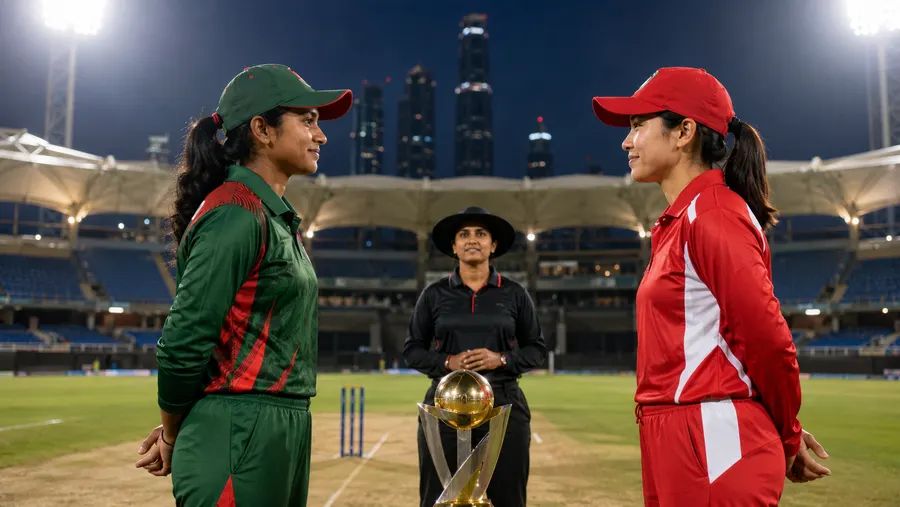 Kapten Bangladesh dan Indonesia saat undian koin dengan trofi laga di antara mereka, latar langit Dubai