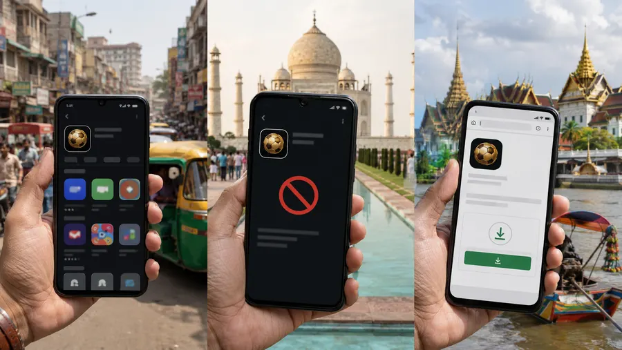 Tiga ponsel diangkat dengan latar kota di Bangladesh, India, dan Thailand - satu menunjukkan aplikasi terblokir, satu lagi unduhan langsung lewat browser