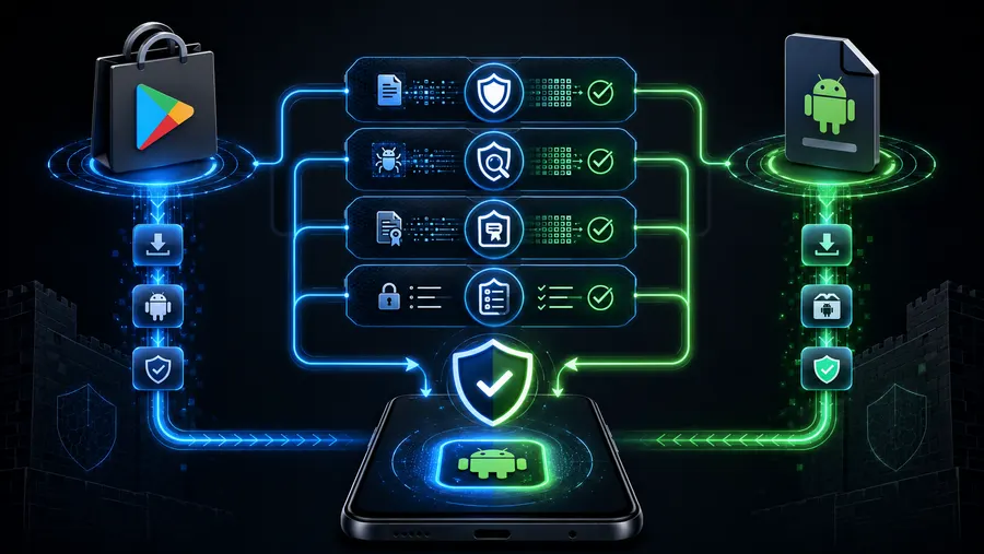 Diagram menunjukkan baik Google Play Store maupun file APK langsung melewati pemeriksaan keamanan yang sama sebelum sampai ke ponsel