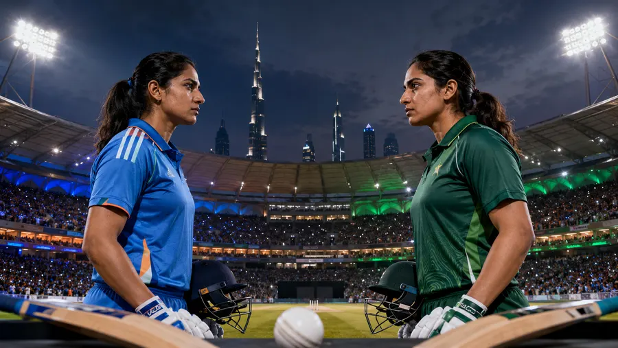 Pemain India dan Pakistan berdiri berhadapan sebelum laga, dengan latar langit Dubai