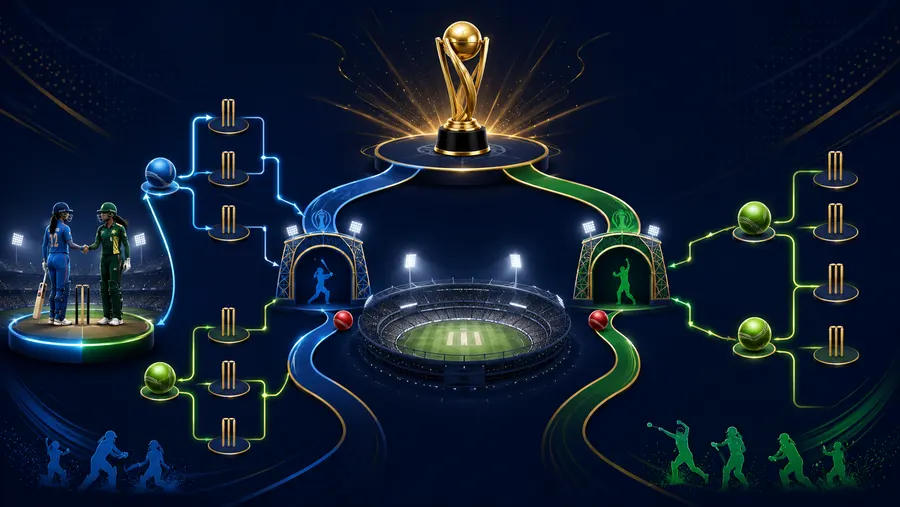 Grafik gaya bracket menunjukkan jalur kedua tim menuju final di sekitar trofi turnamen