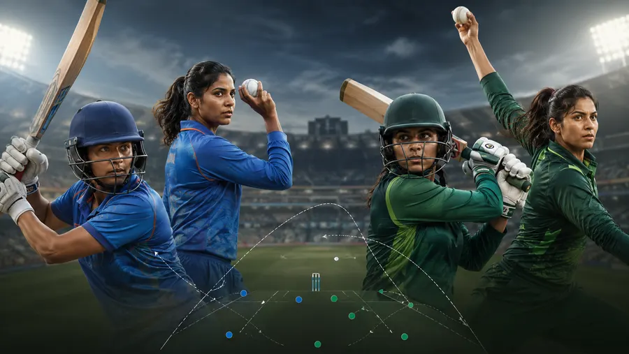 Dua pemain India dan dua pemain Pakistan dalam pose batting-bowling, dengan overlay shot-tracking
