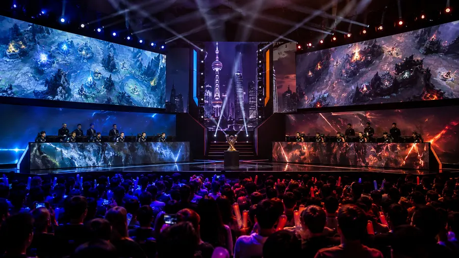 Pemandangan luas panggung final The International 2026 antara Team Spirit dan TEAM VISION di Shanghai