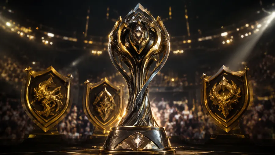 Trofi Aegis of Champions di atas panggung diapit tiga perisai juara yang terukir