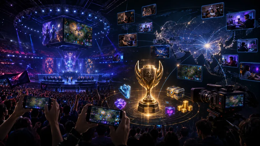 Grafik penggemar menonton final dari seluruh dunia bersama trofi Aegis dan ikon hadiah