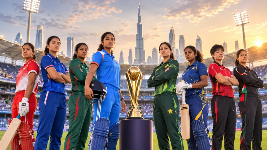 Kedelapan tim Piala Asia Wanita 2026 berdiri mengelilingi trofi turnamen di Dubai