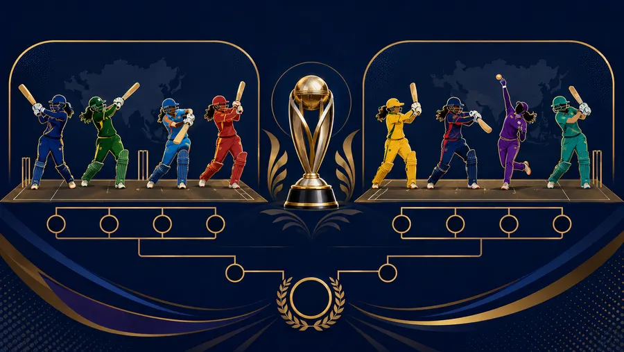 Ilustrasi pemukul dan pembowling Grup A dan Grup B di kedua sisi trofi Piala Asia