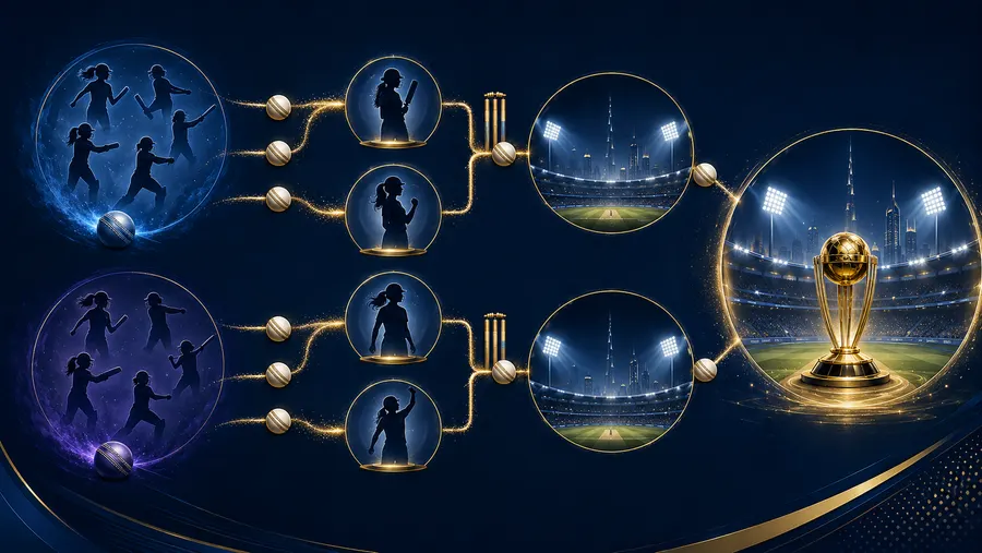 Diagram menunjukkan kedua grup mengalir ke semifinal lalu final di Dubai